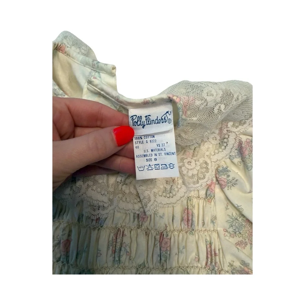 Polly Flinders Vintage Girls Smocked Floral Lace‎ Dress Size 8 Pink Blue Cream